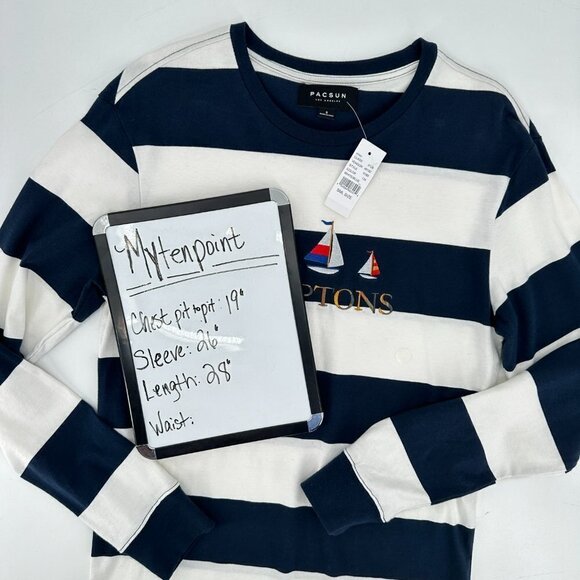 PacSun Navy Striped Nautical Long Sleeve Cotton Hamptons Embroidered Small Top - Picture 6 of 6
